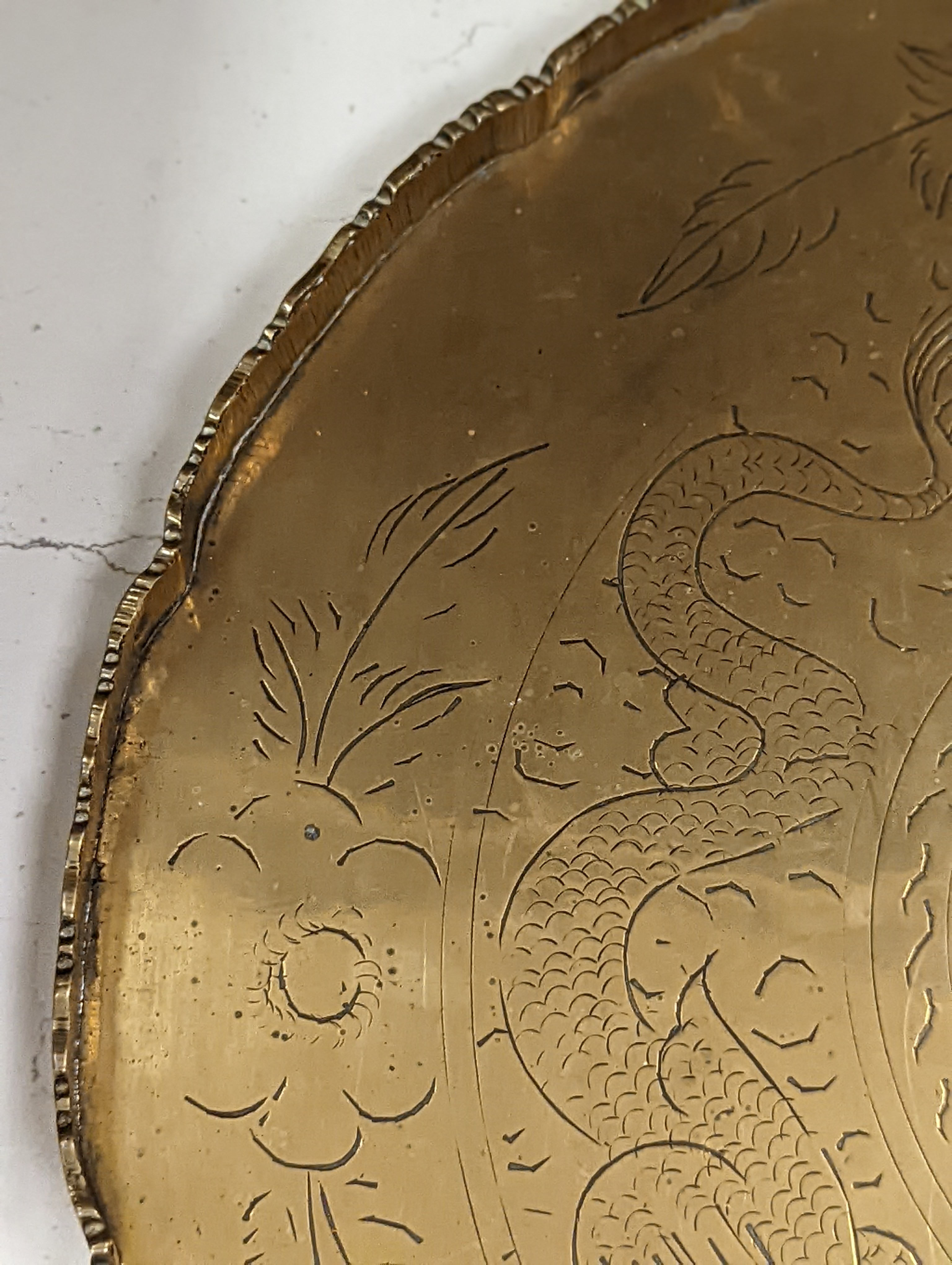Two early 20th century Chinese bronze vases and tray, 35cm diam.